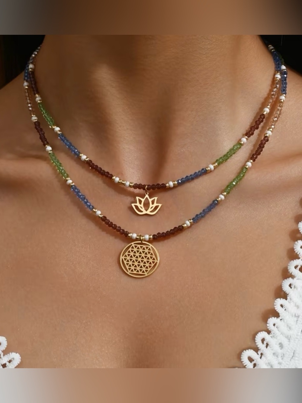 Gold Lotus & Mandala Multi-Color Beaded Layered Necklace
